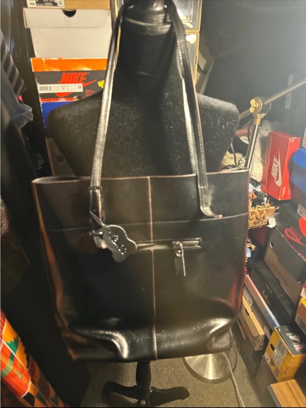 Classic Black Leather Tote with Front Zip Pocket